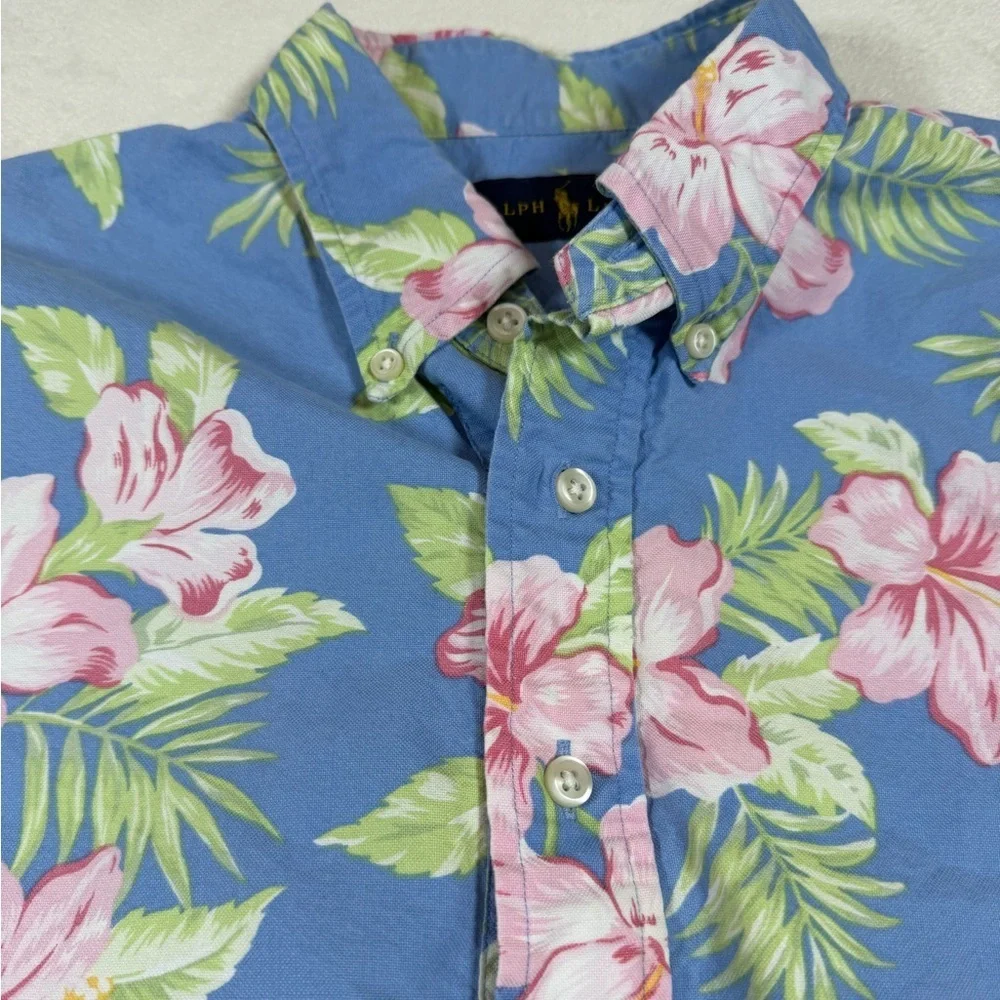 Polo Ralph Lauren Medium Popover All Over Print Floral Blue Tropical Shirt